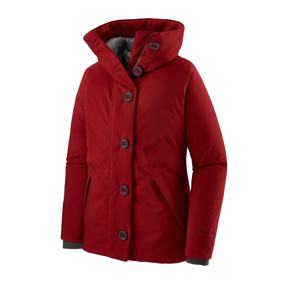 Patagonia Red Hooded Snow Jacket Women’s Size M Buttons Winter Ski Puffer Down